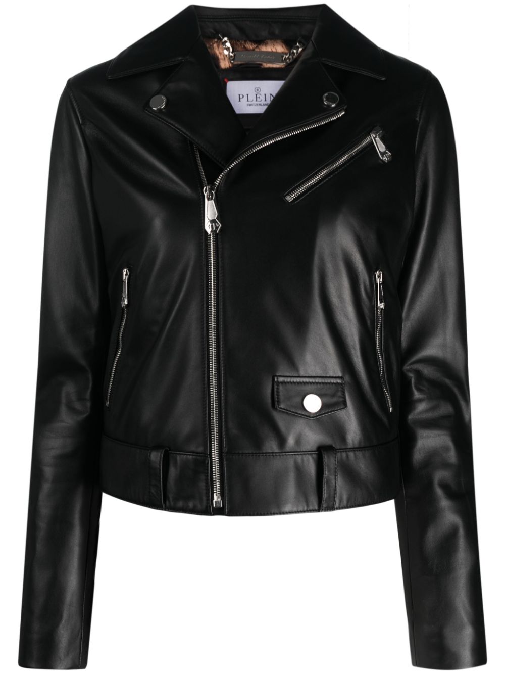Crystal-embellished leather biker jacket - Black