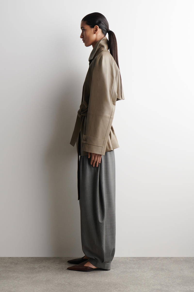 Mock-Neck Leather Short Trench Coat