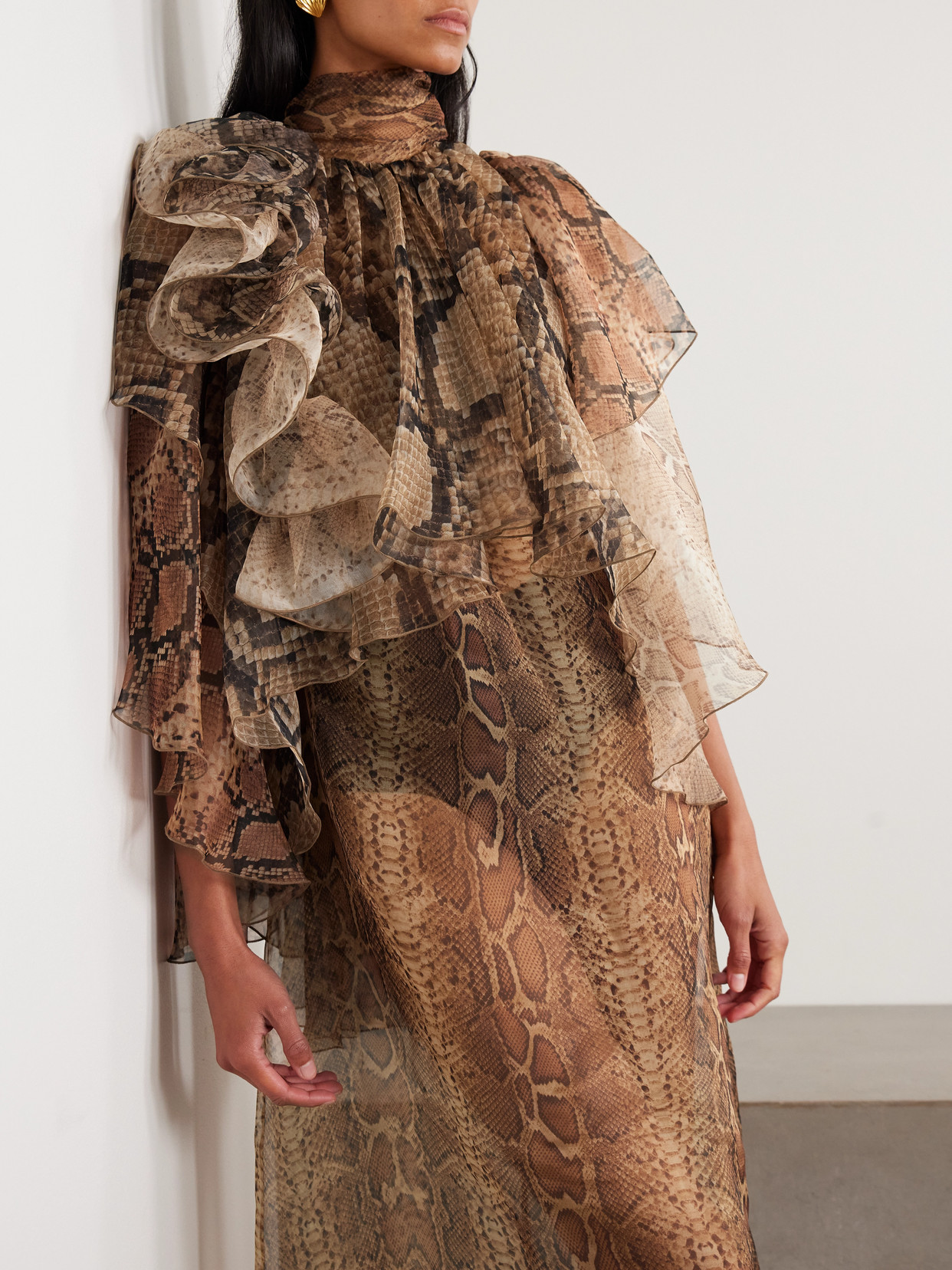 Hypnotic Memento Billow Ruffled Snake-print Silk-organza Gown - Brown