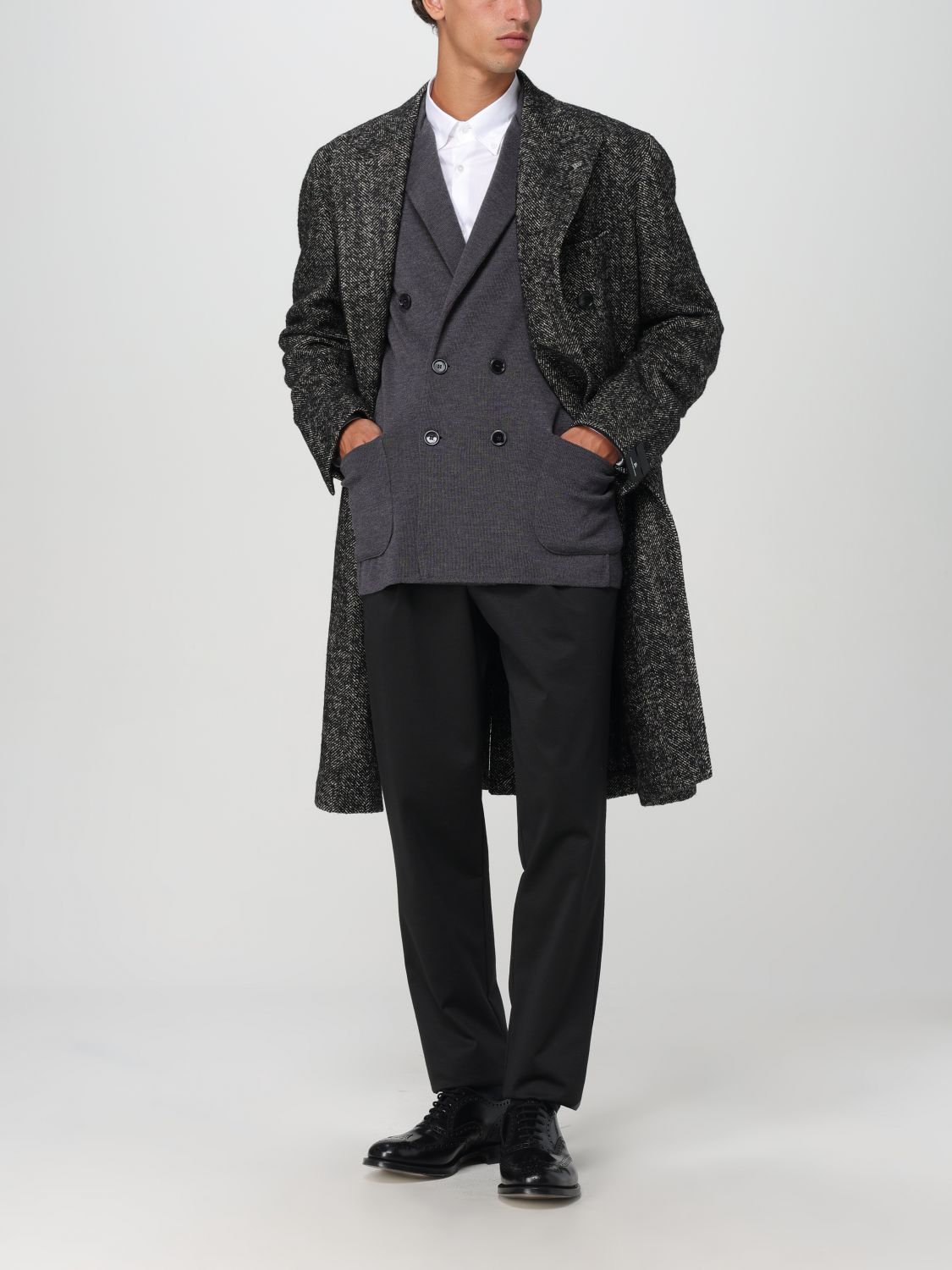 Herringbone double-breasted coat - Black