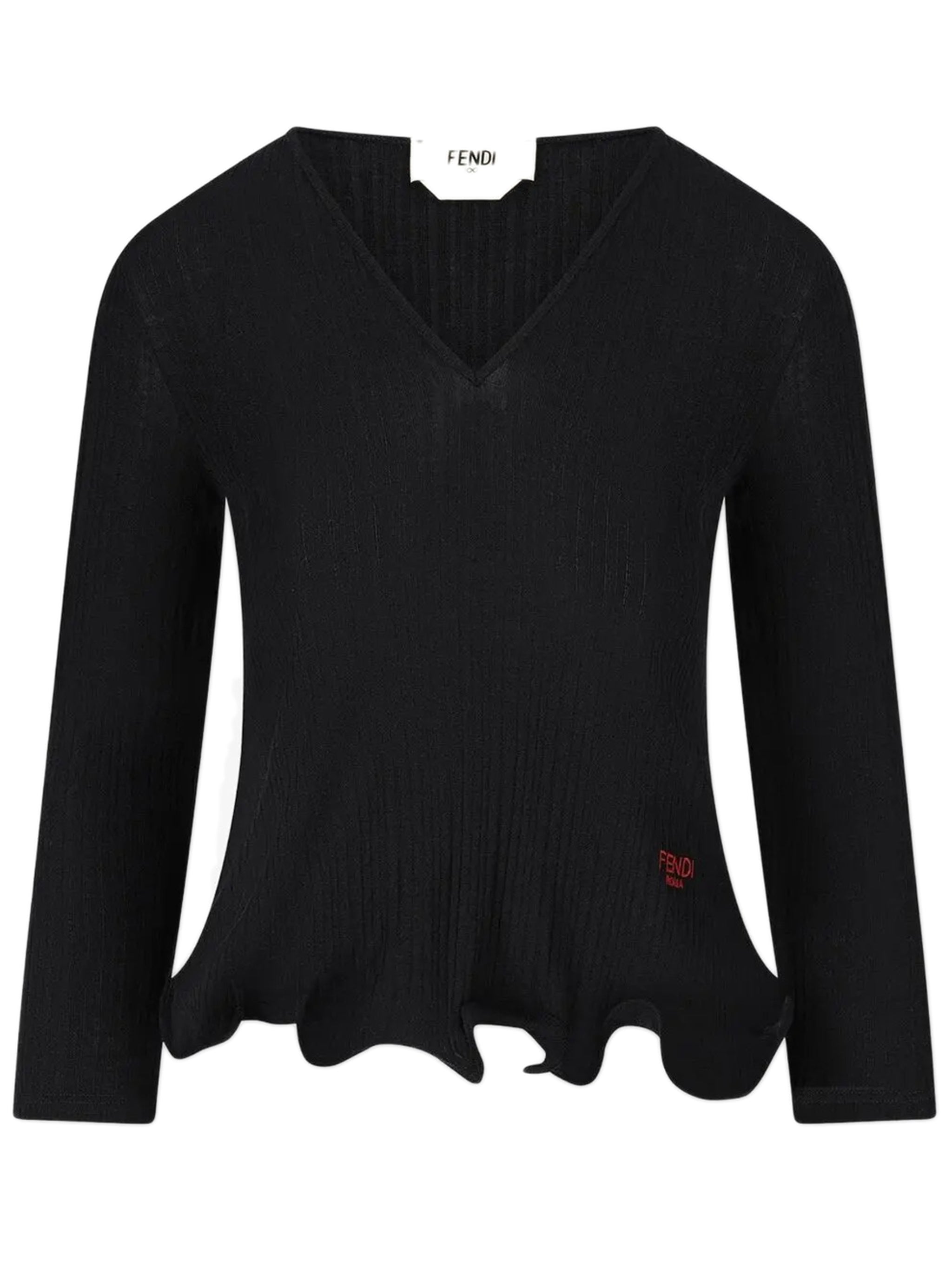 Long-Sleeved V-Neck Wool Top with Embroidered Logo