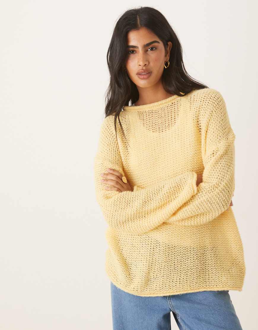 Loose knit slash neck jumper with rolled edge detail in buttermilk-Yellow
