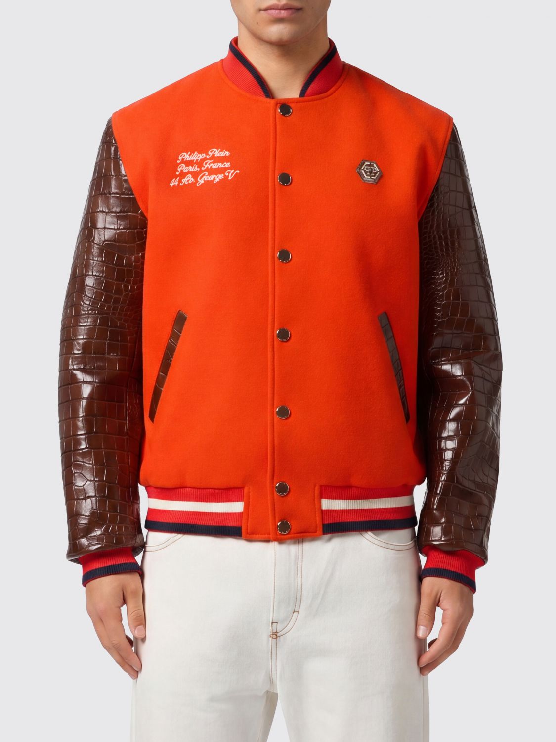 Two-Tone Crocodile-Effect Calfskin Leather Varsity Bomber Jacket
