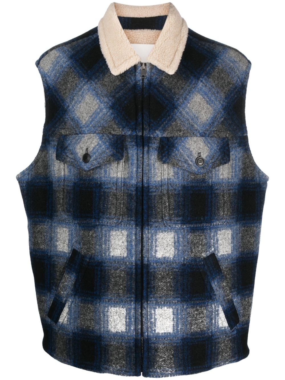Plaid-check shearling gilet - Blue