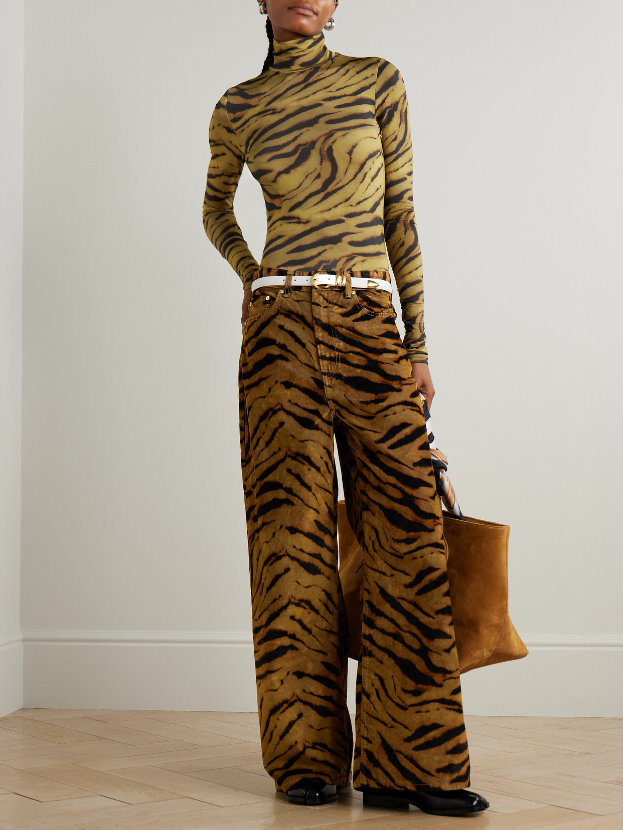 Zebra-print Cotton-blend Velveteen Wide-leg Pants - Green