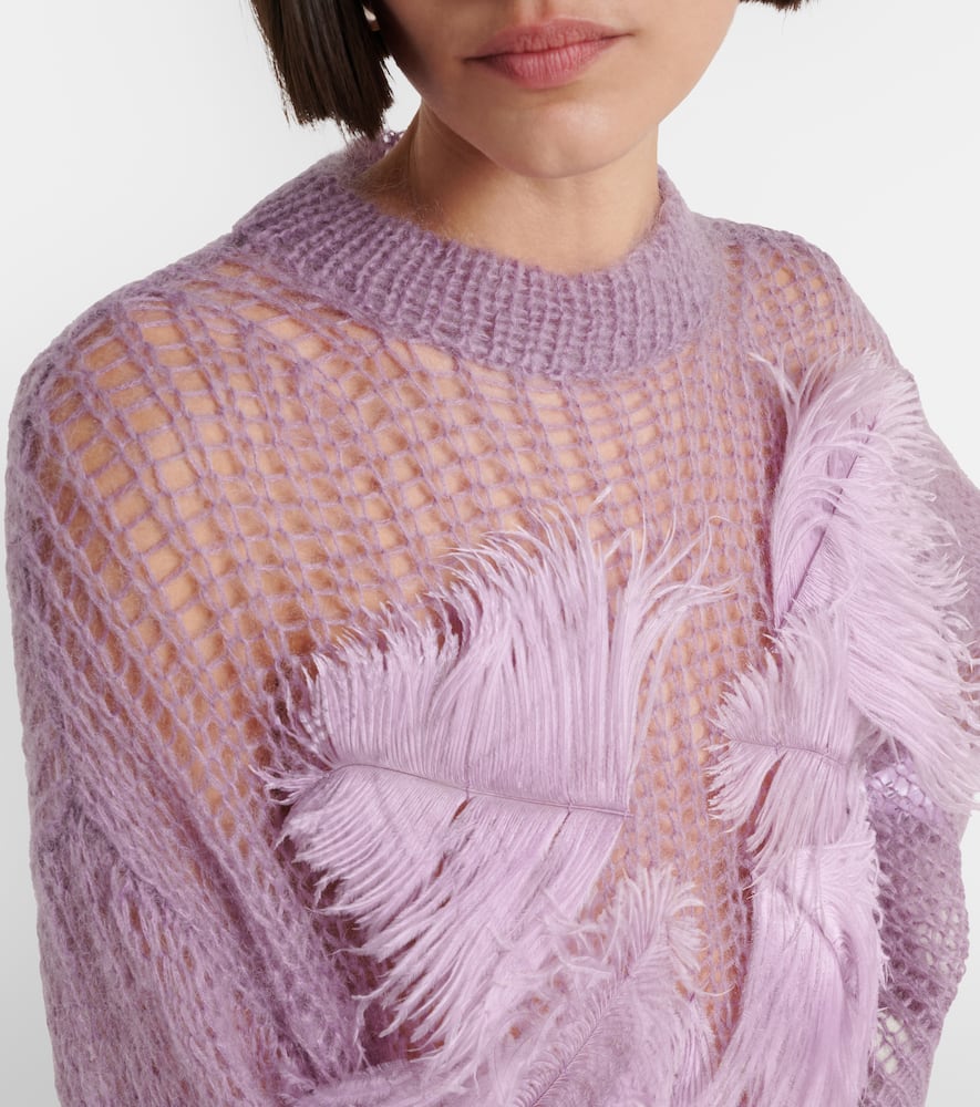 Feather-trimmed open-knit mohair-blend sweater