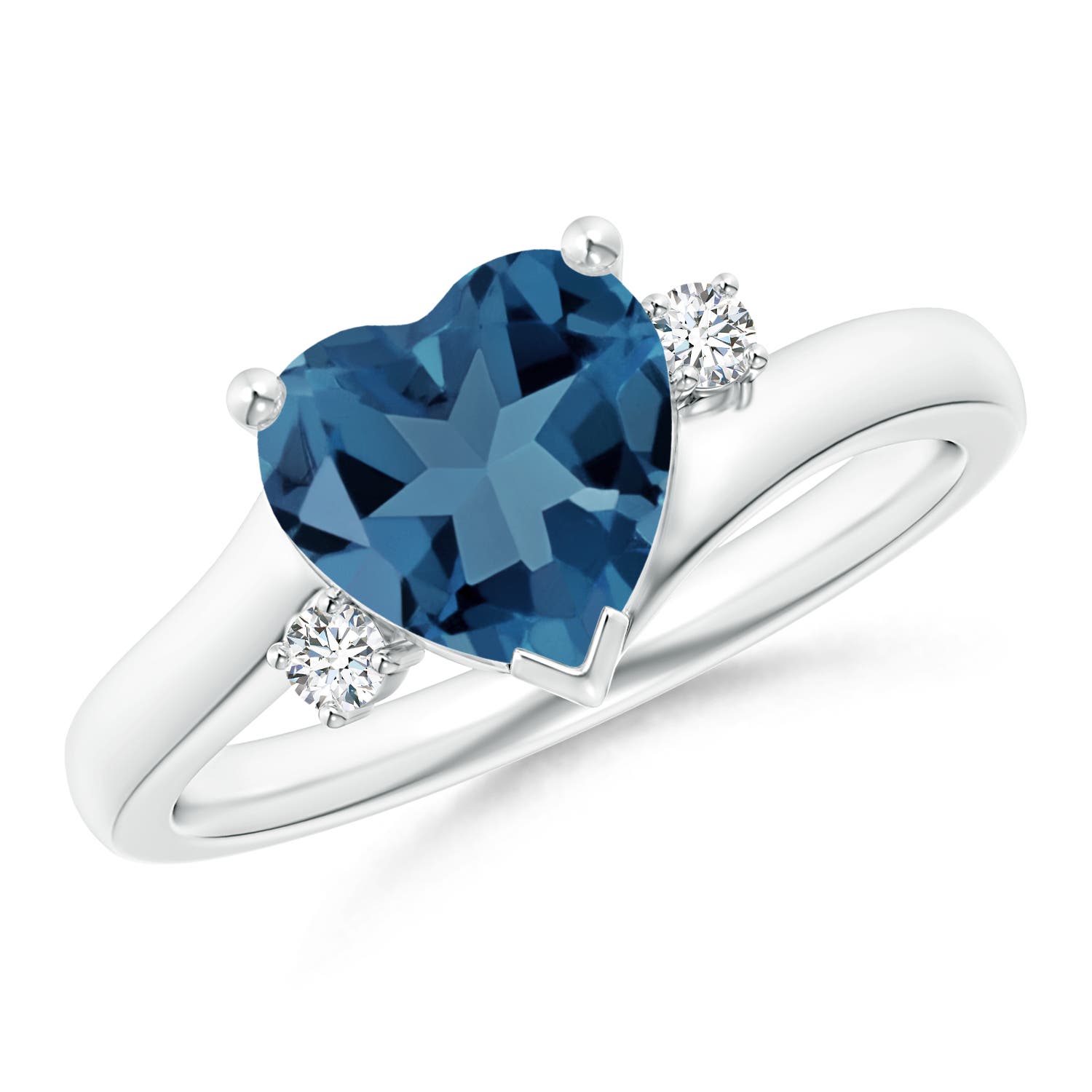 Angara 2.1 Carats Solitaire Heart London Blue Topaz Bypass Ring with Diamonds in Platinum