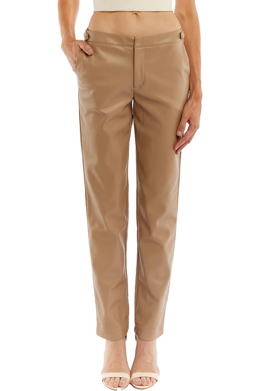 Chloe Faux Leather Trouser With Waistline Button In Taupe