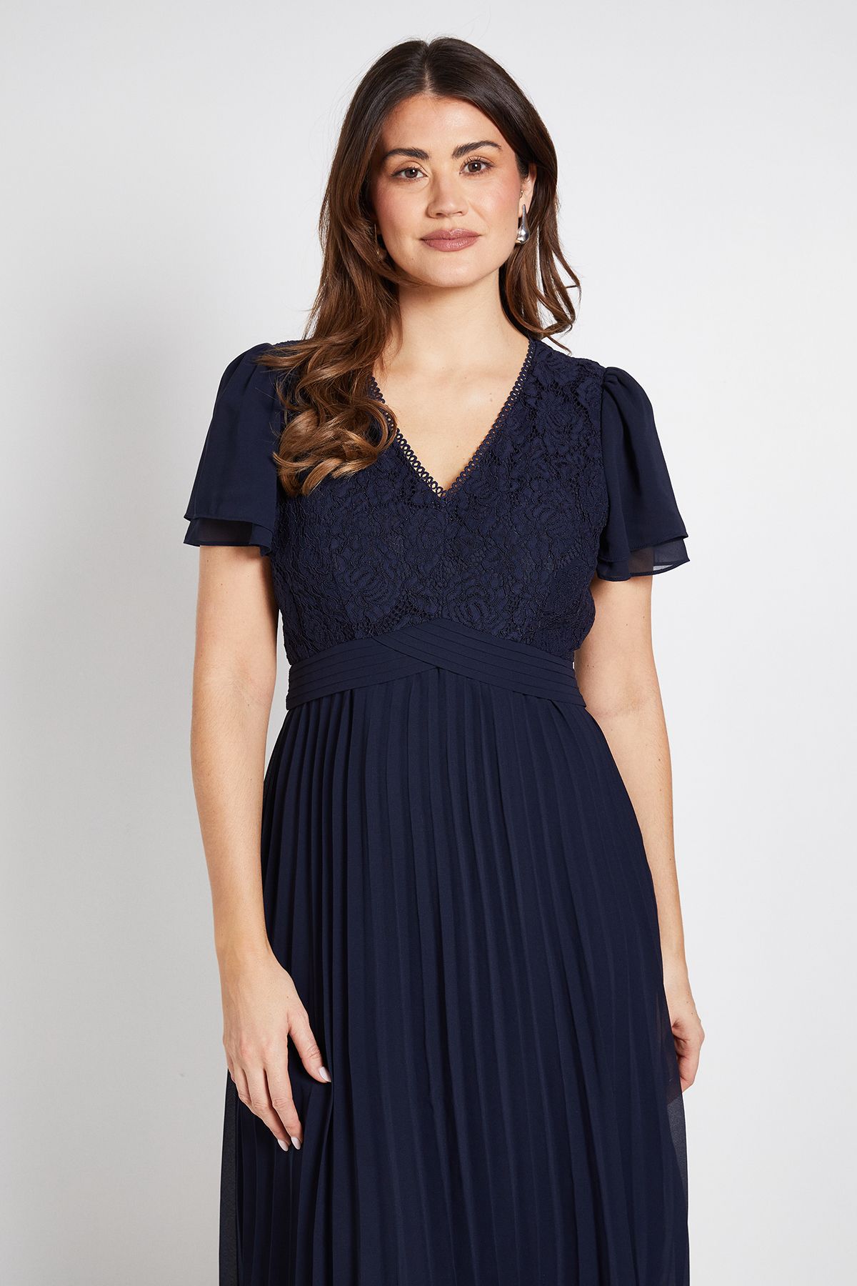 Wallis Womens Lace Pleat Detail Midi Dress - Navy Cotton