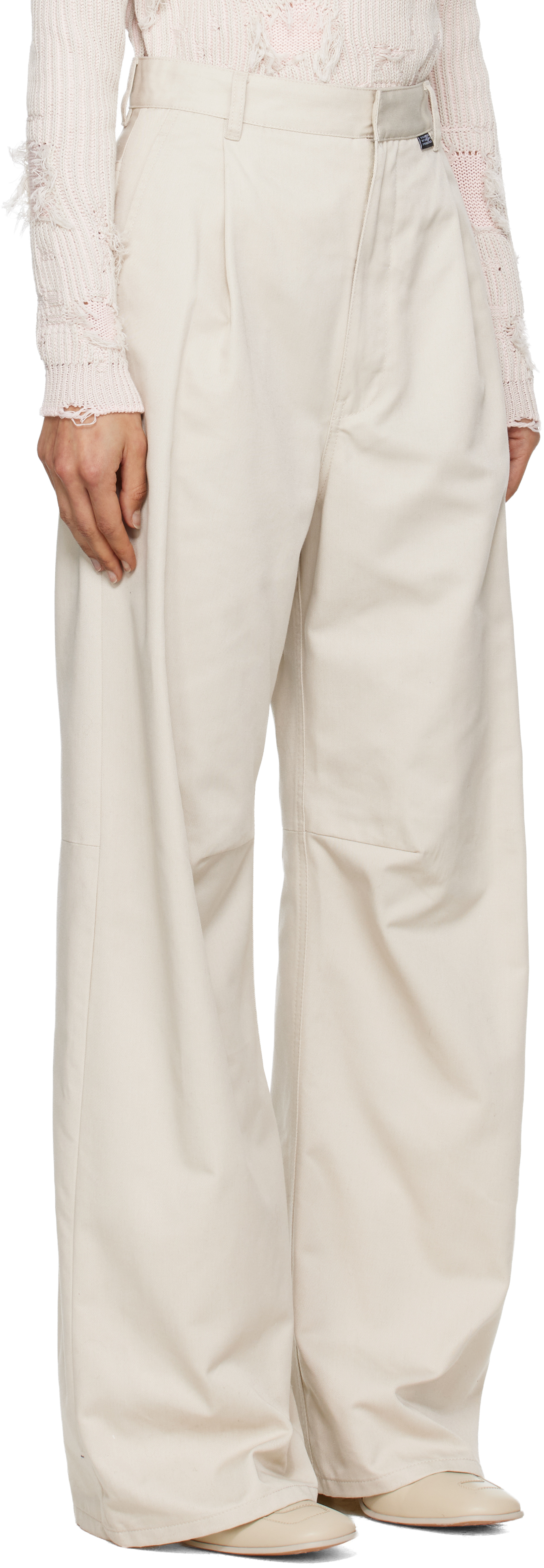 Beige Wide Leg Twill Trousers