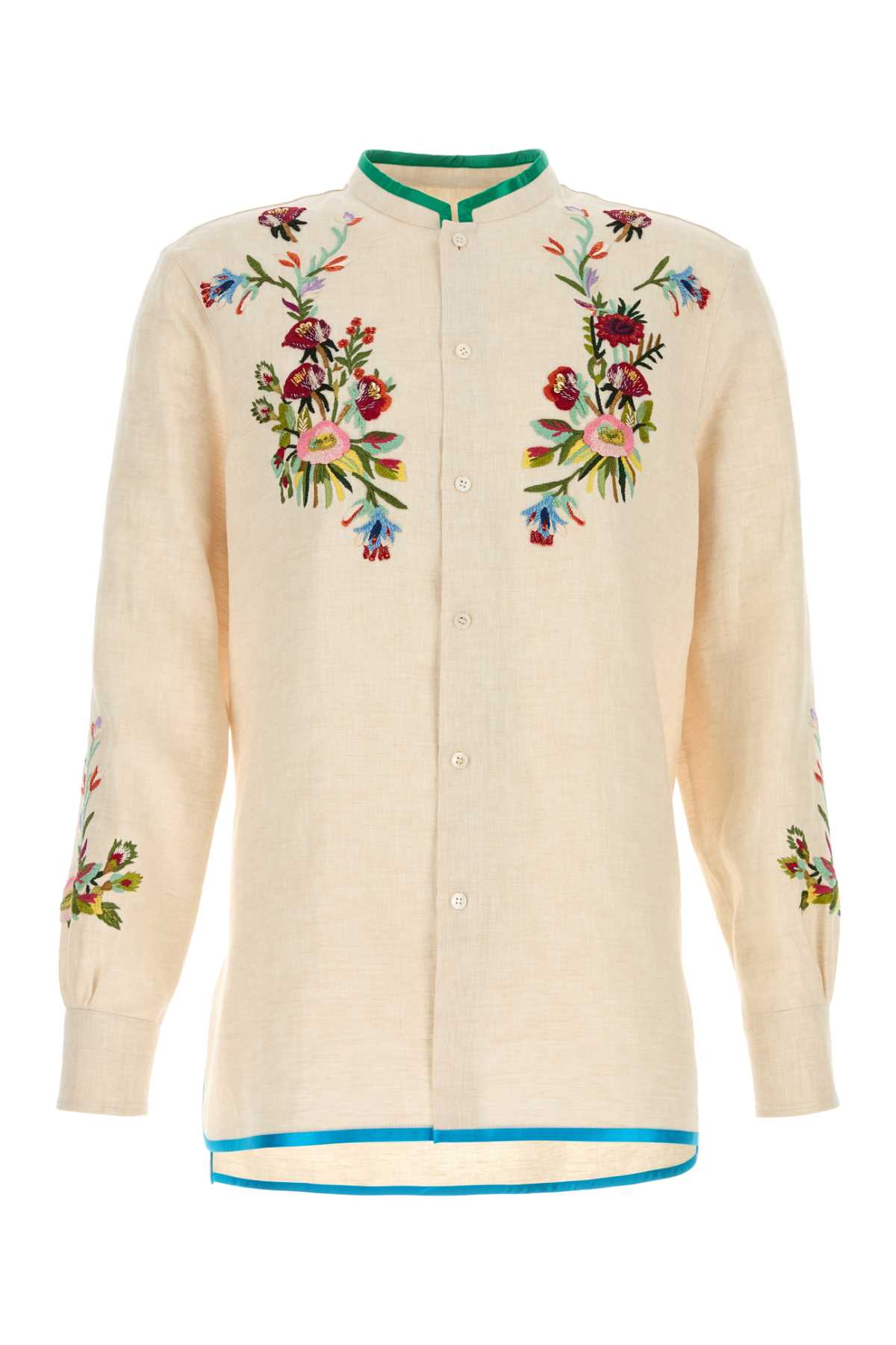 Embroidered Floral Linen Shirt — Beige