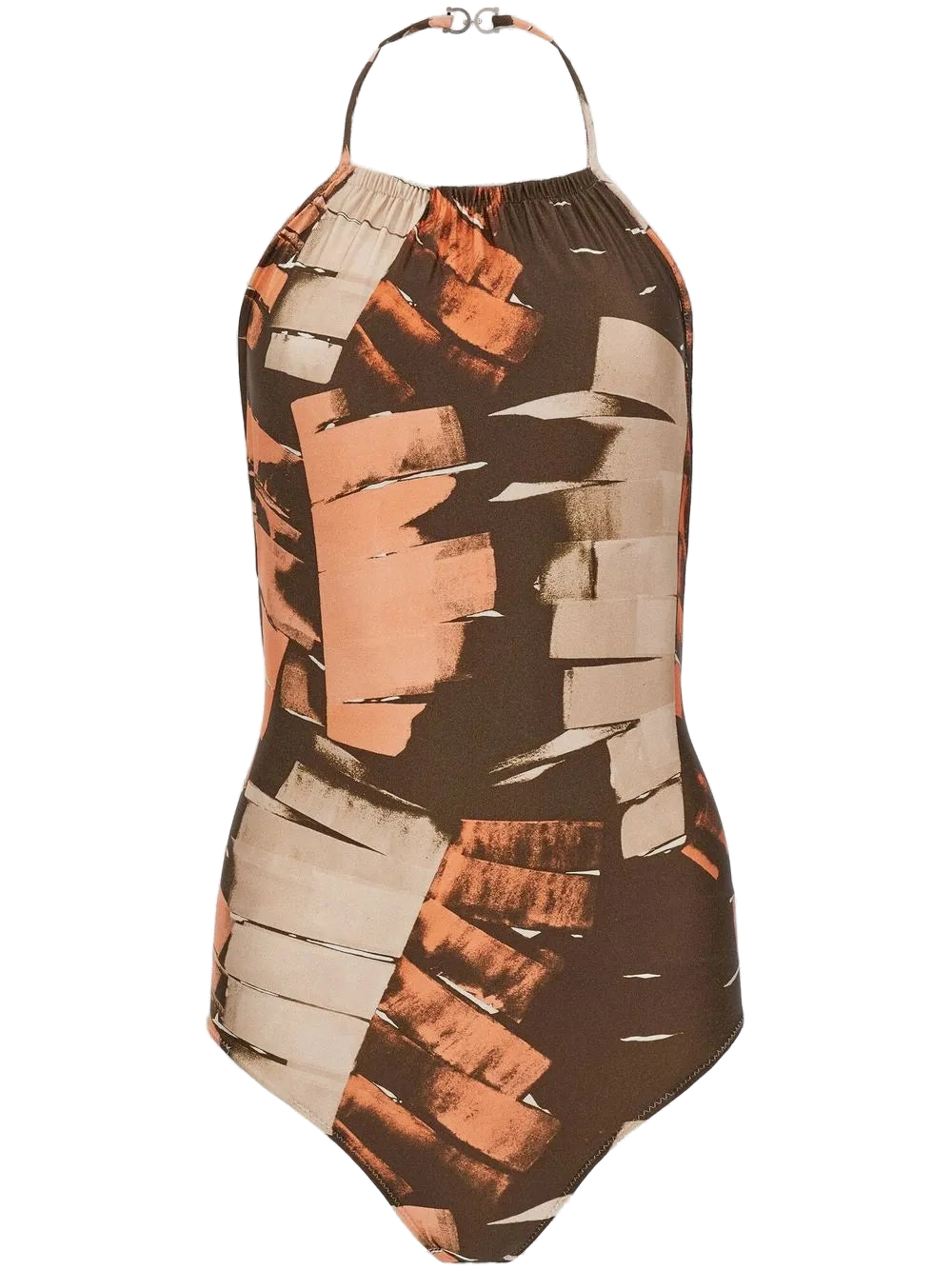 Palm-Print Halterneck Swimsuit — Brown