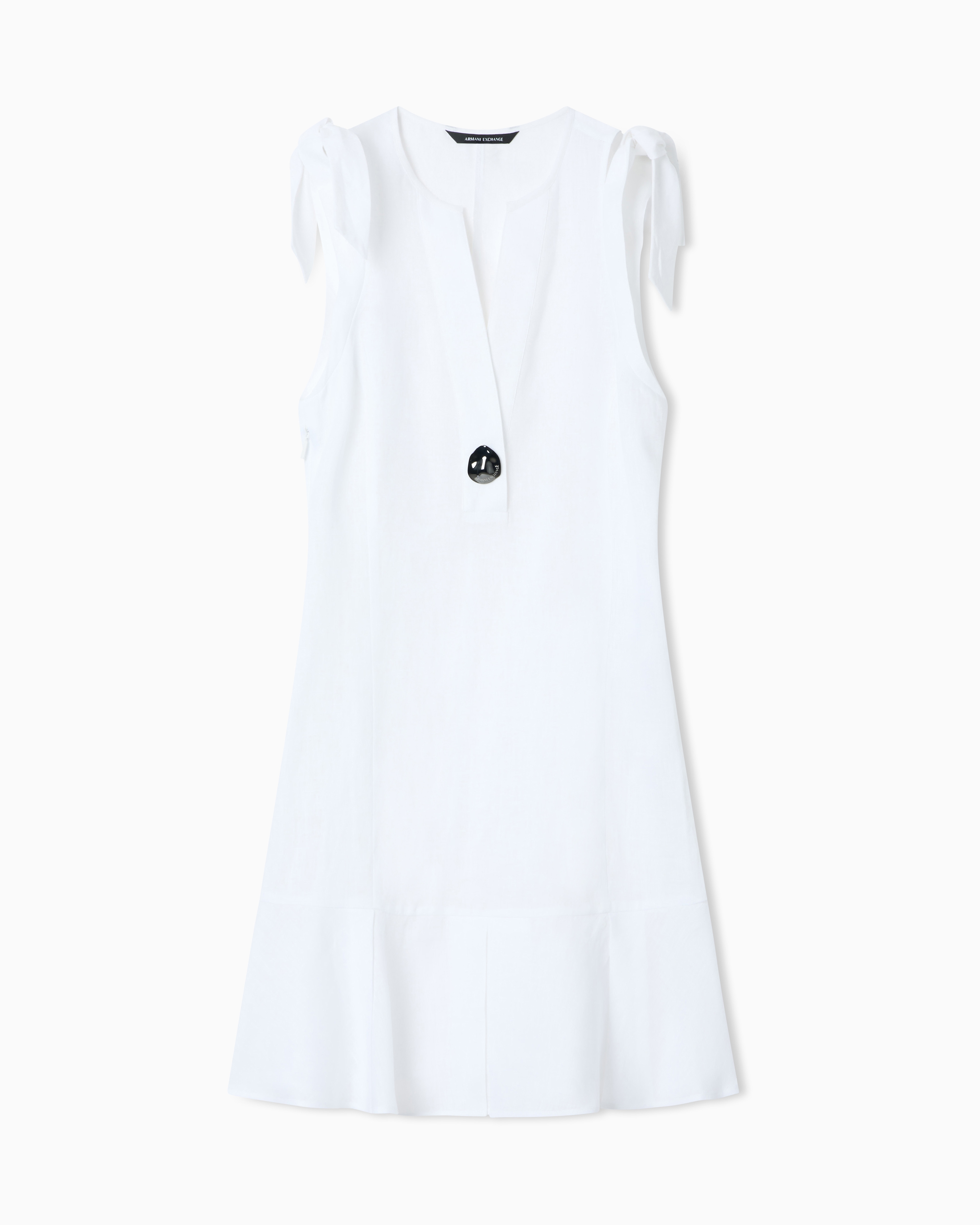 Short Linen Poplin Dress with Button and Bows