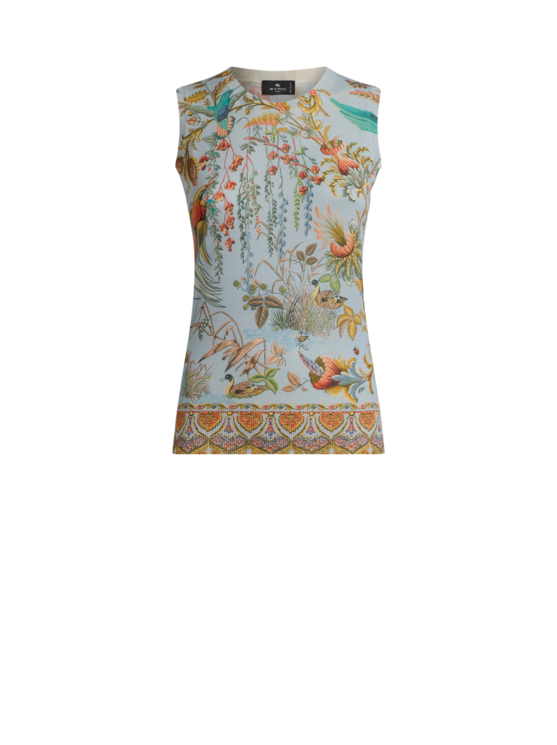 Silk And Cashmere Top With Flora And Fauna Motif