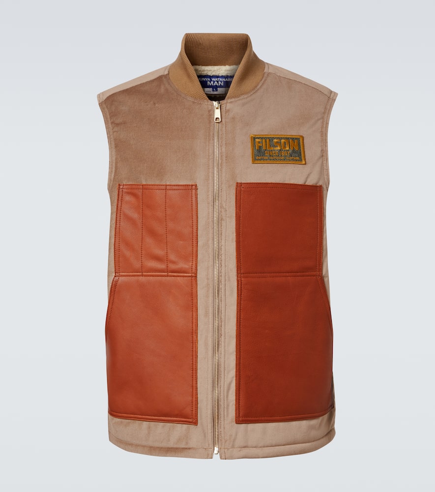 Leather-trimmed cotton and wool vest