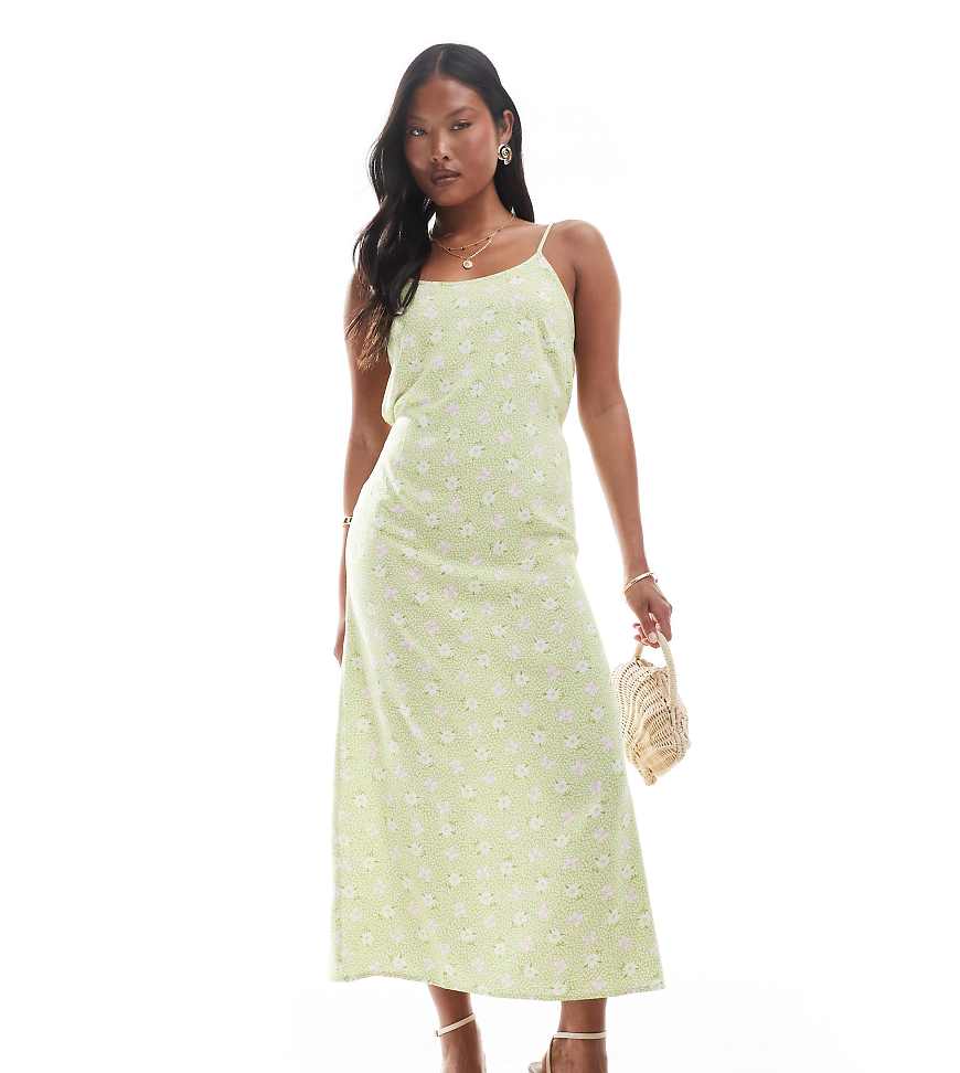 Strappy scoop neck maxi slip dress in green floral