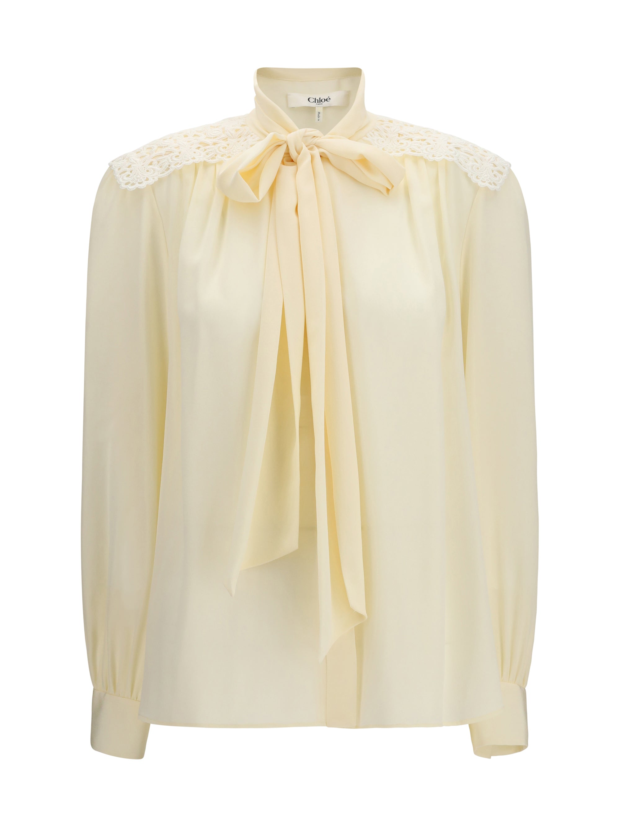 Embroidered-Shoulder Bow Blouse — White