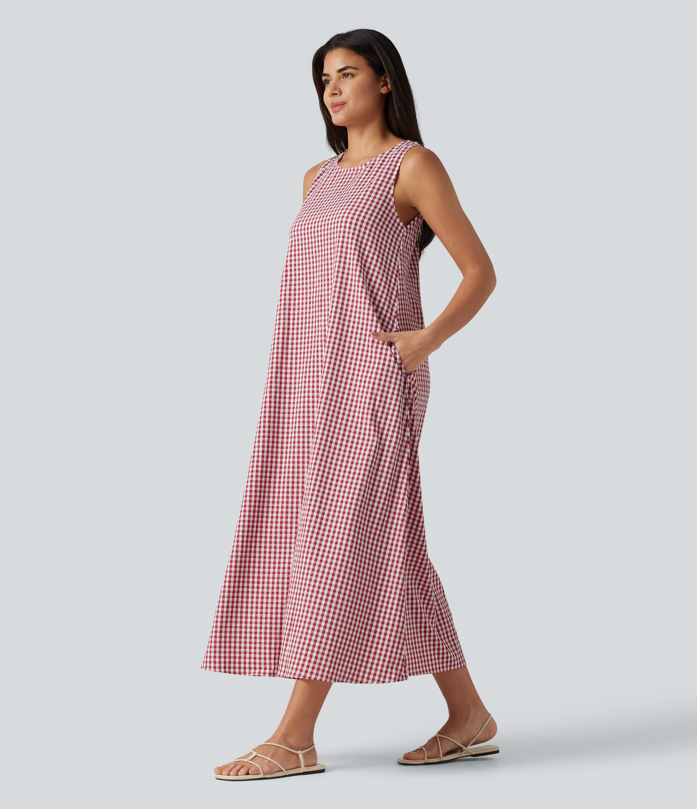 Halara Round Neck Sleeveless Midi Crinkle Gingham Casual Tank Dress with Pockets - Red White Bubble Grid