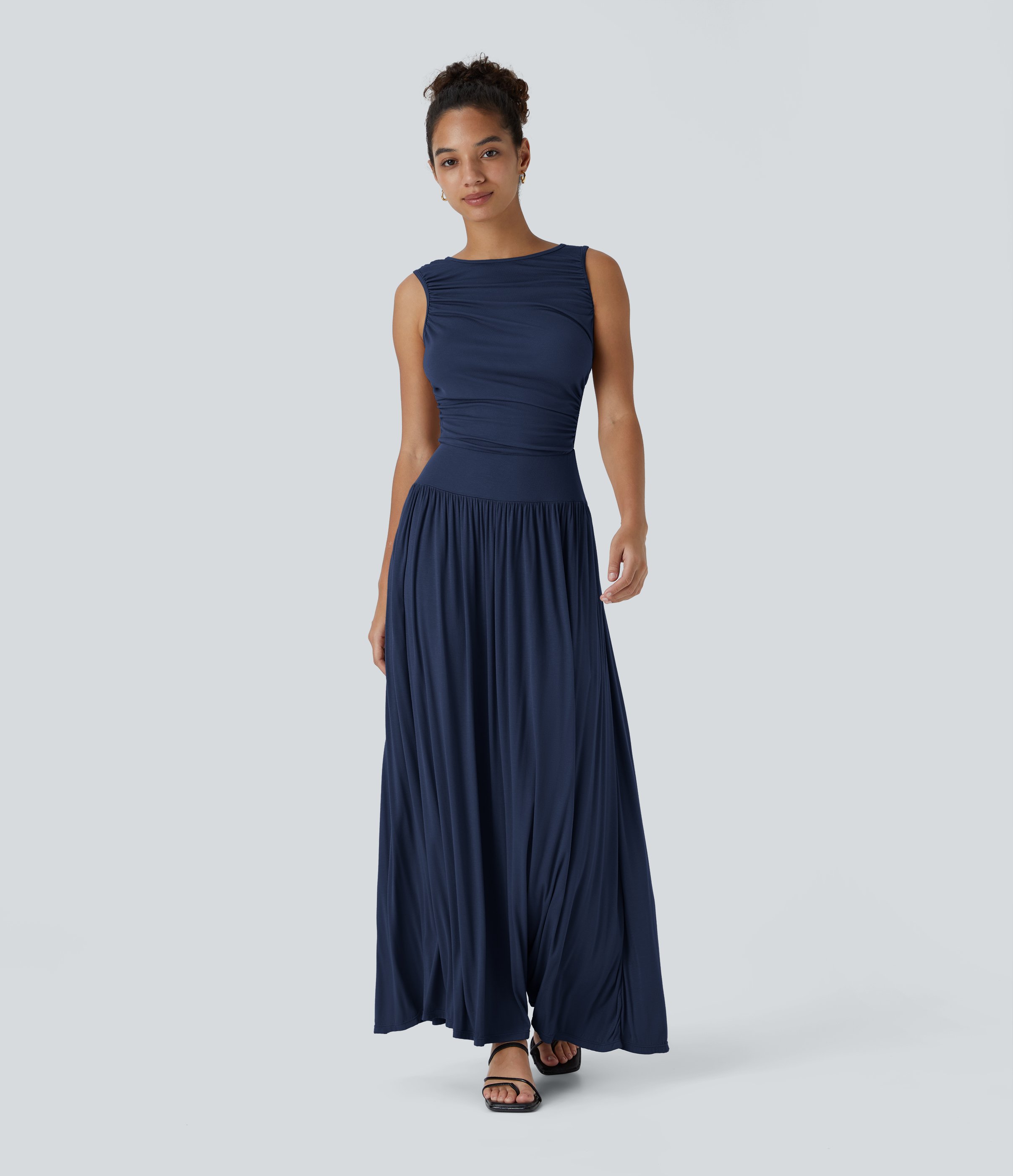 Ribbed Boat Neck Asymmetric Strap Ruched Pocket Flowy Maxi Casual Dress Casual Dress - Nightfall Blue