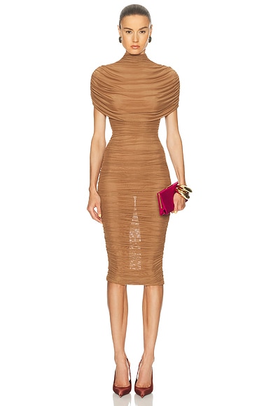 SEROYA Riondra Mesh Dress in Brown. L. Also in M, S, XL