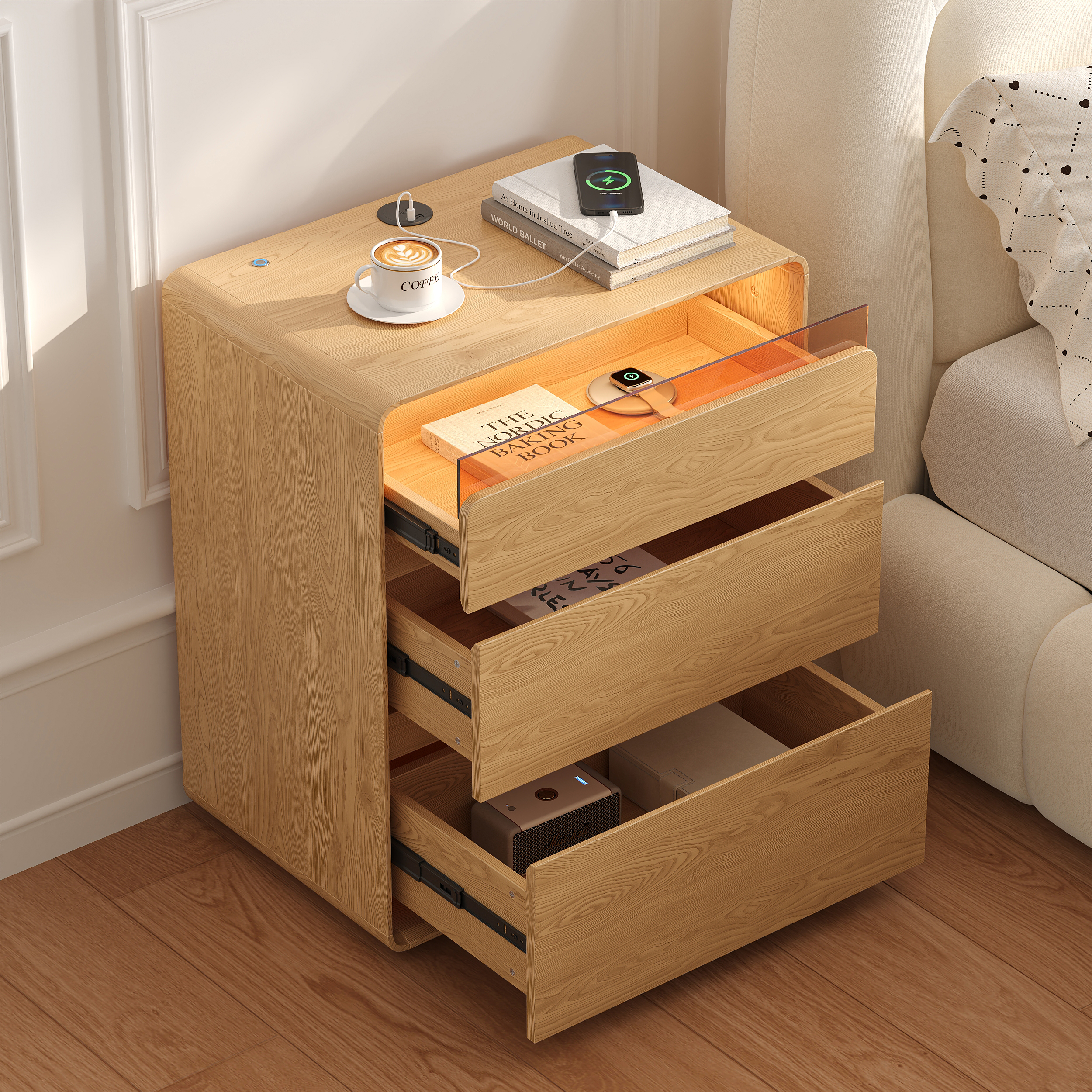 24" Wooden 3-Drawer Smart Nightstand With LED Lighting & Sensor Charging