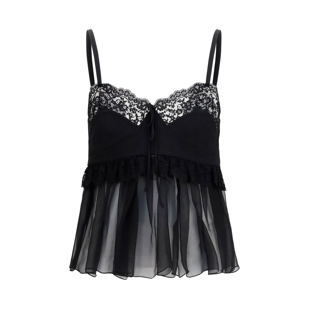 Lace-Trimmed Silk Crêpe de Chine Blouse — Black