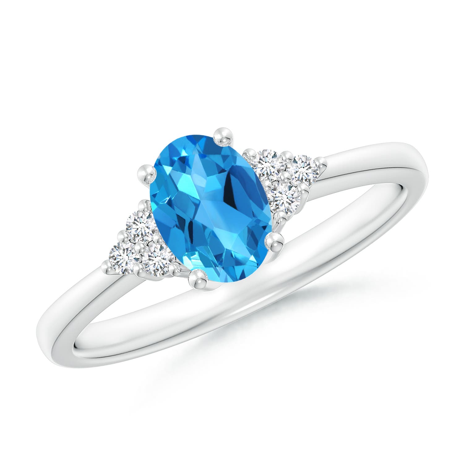 Angara 0.95 Carat Solitaire Oval Swiss Blue Topaz Ring with Trio Diamond Accents in Platinum