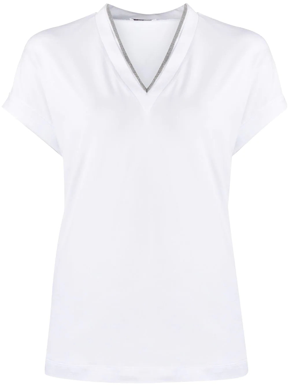 Silvery Trim V-Neck T-Shirt — White