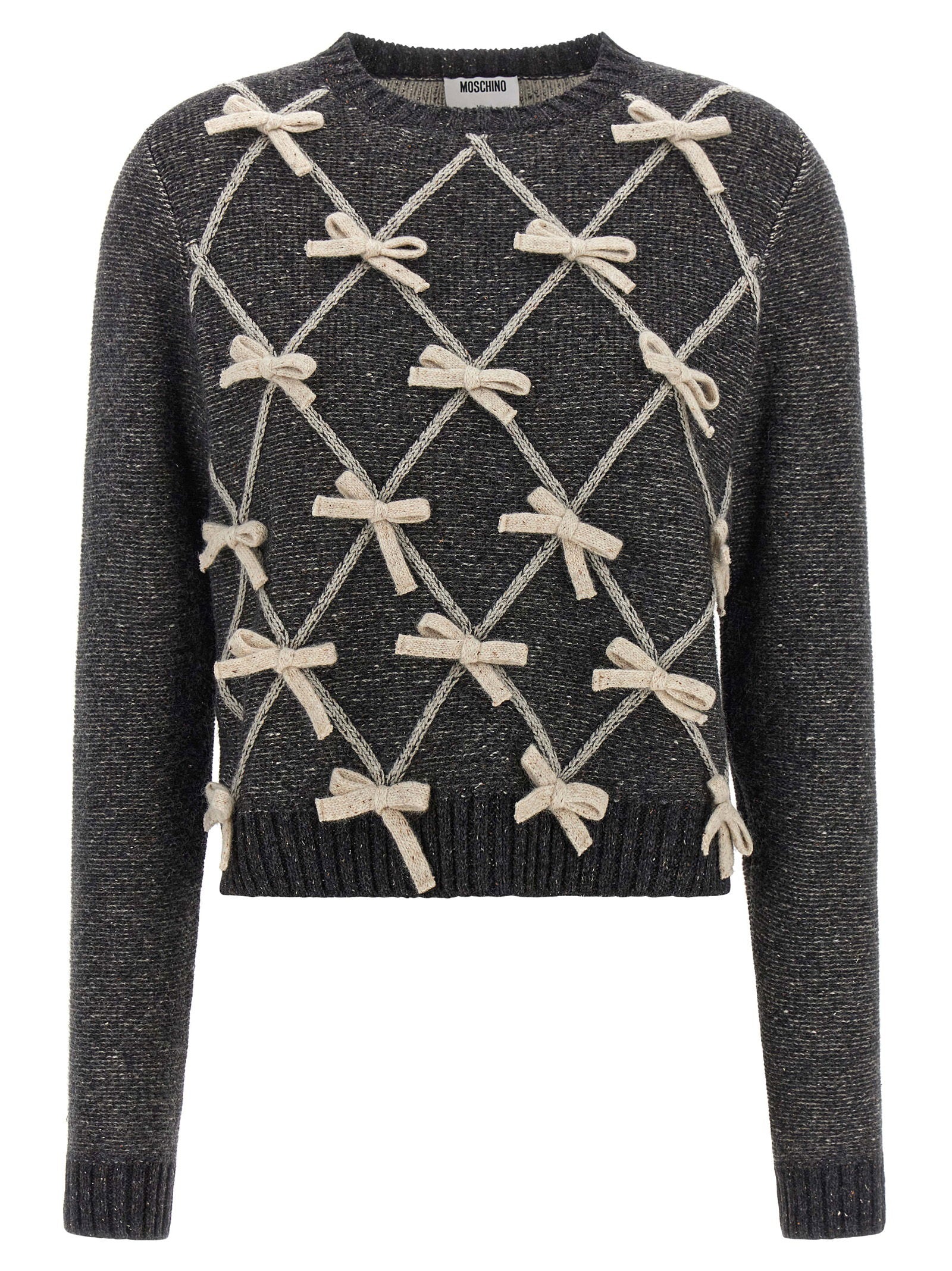 Bow-Embellished Diamond Pattern Sweater — charcoal
