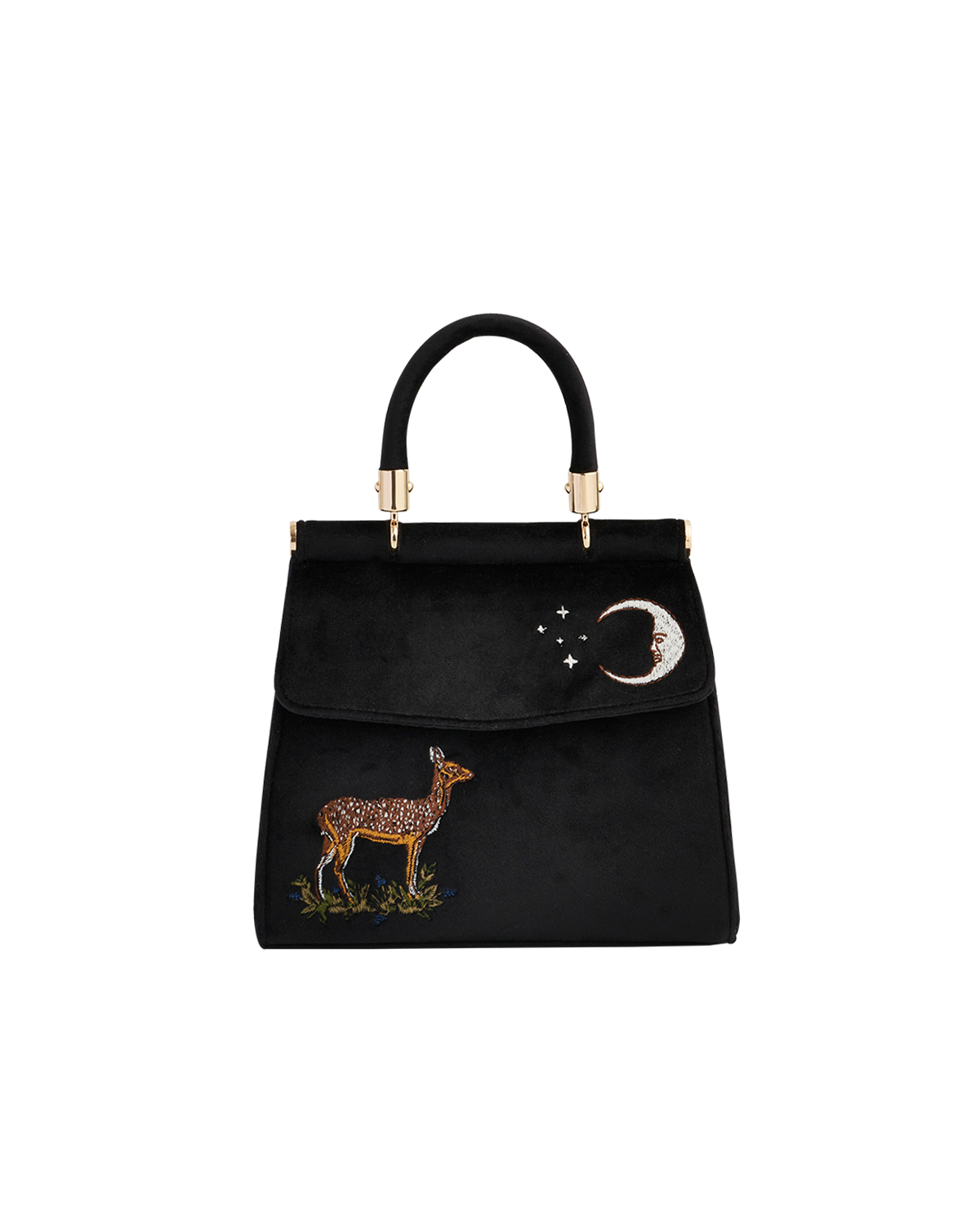 Fable England Deer & Moon Embroidered Black Velvet Tote | Women's Handbag