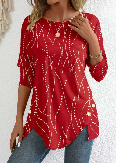 Modlily Red Button Geometric Print Long Sleeve T Shirt