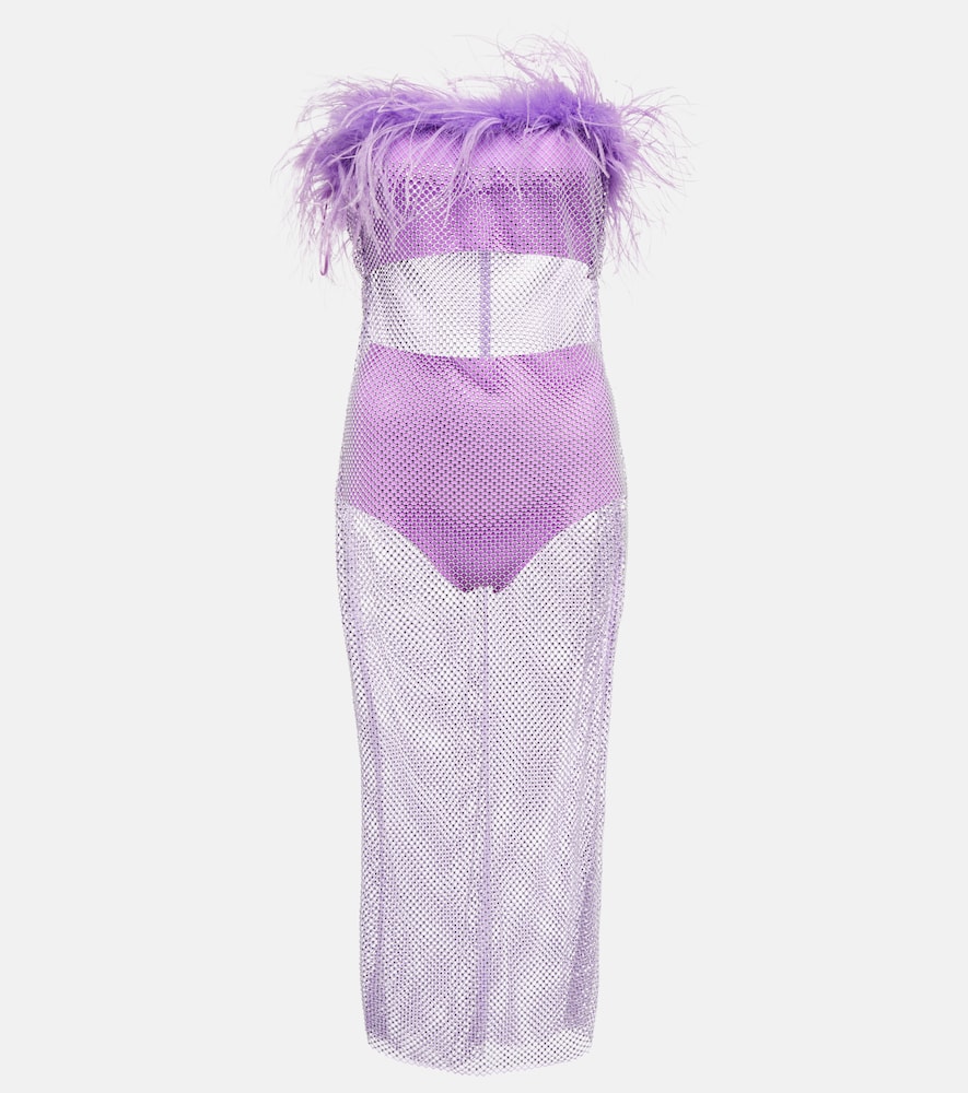 Feather-trimmed embellished midi dress