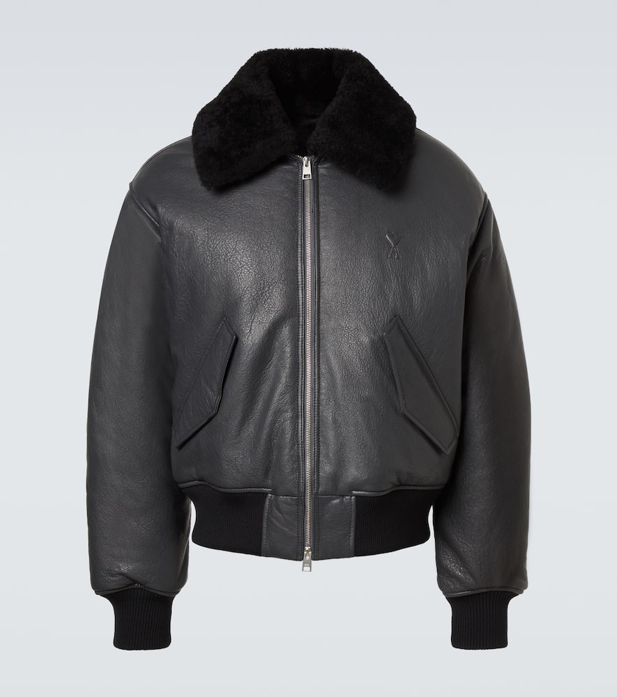 Shearling-trimmed leather bomber jacket