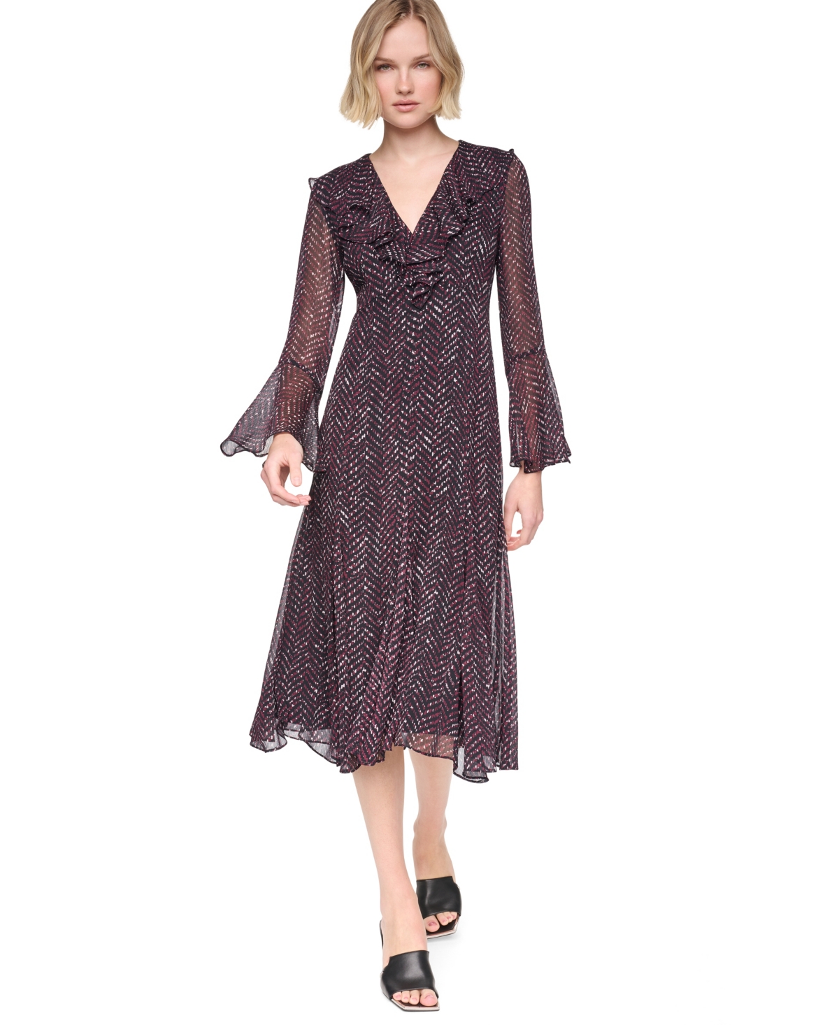 Women's Long Bell Sleeve V-Neck Ruffle Godet Midi Dress - Burgundy Multi