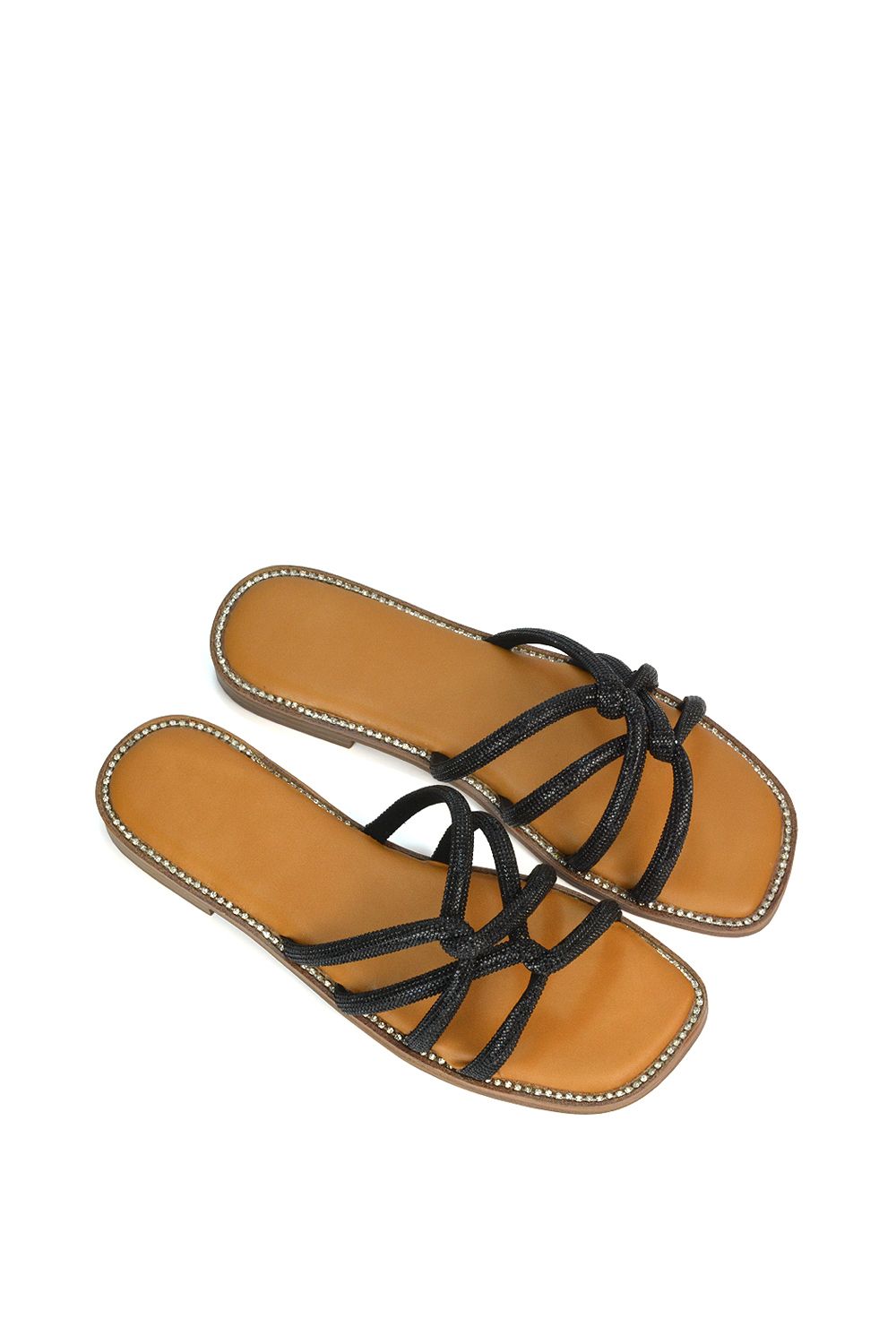 XY London Women's 'Sofia' Strappy Diamante Trim Square Toe Flat Sandals in Black