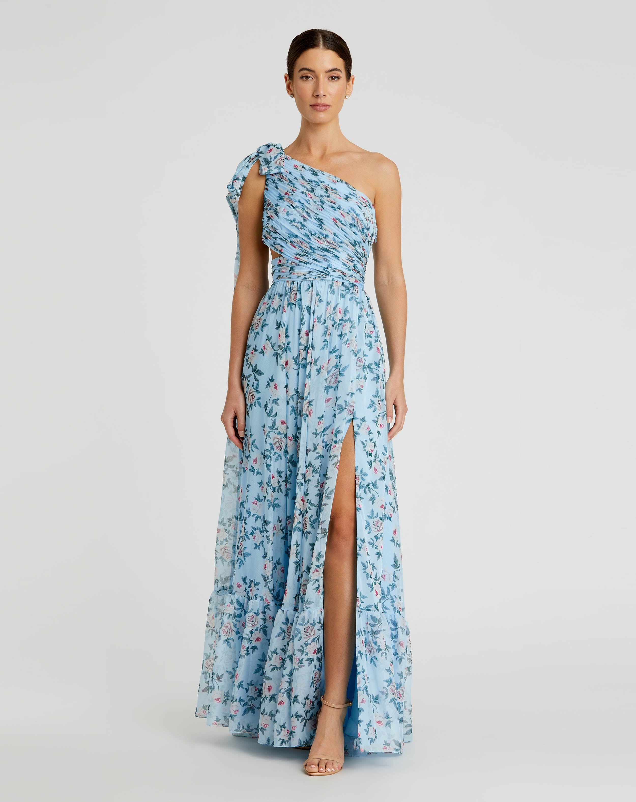 Blue Floral Chiffon One Shoulder Wedding Guest Maxi Gown In Aqua Multi