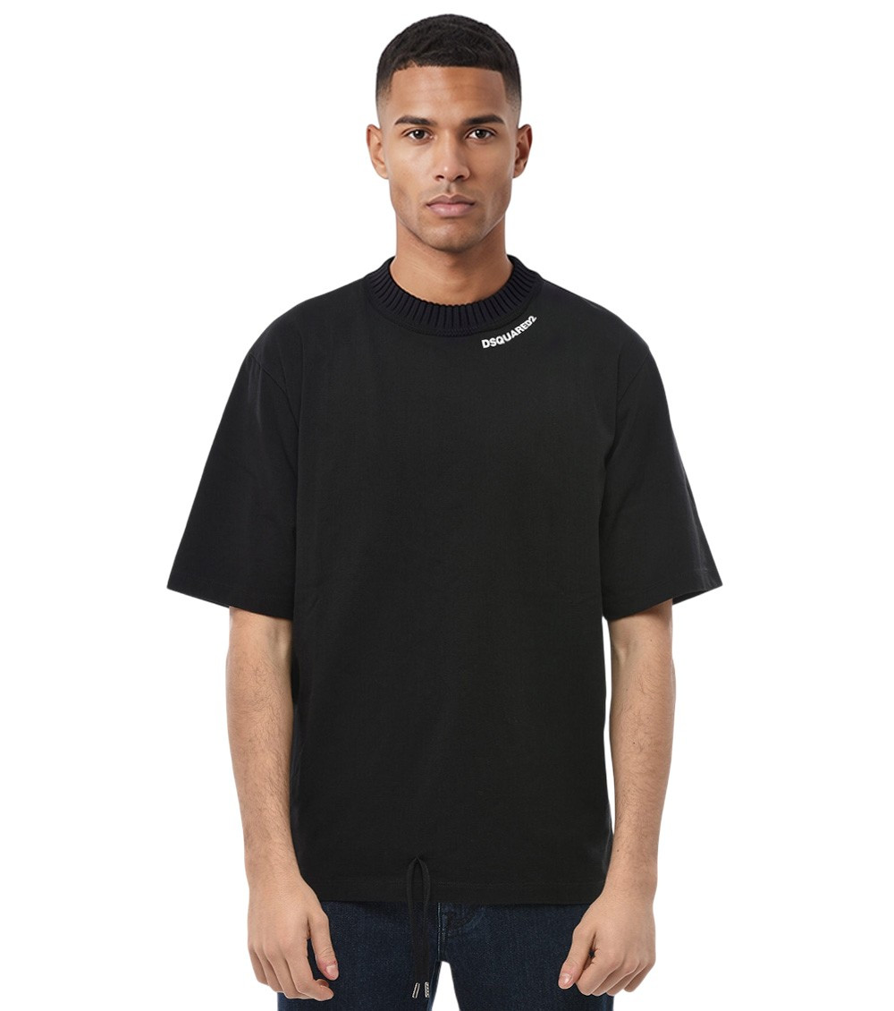 Drawstring-hem T-shirt - Black
