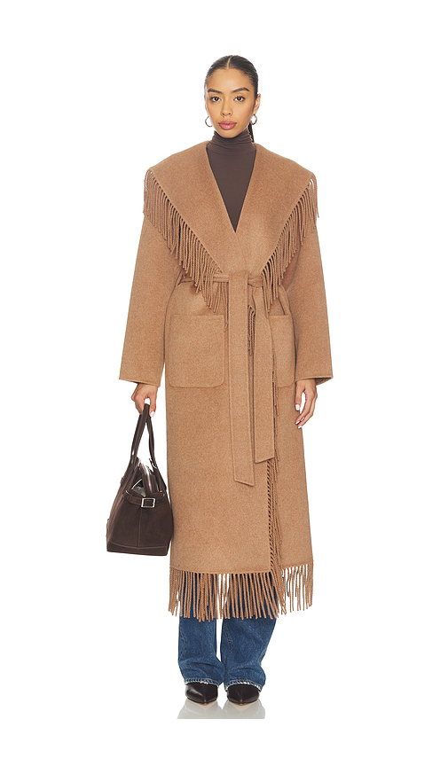 SIMKHAI Carrie Fringe Robe Coat in Taupe. S. Also in L