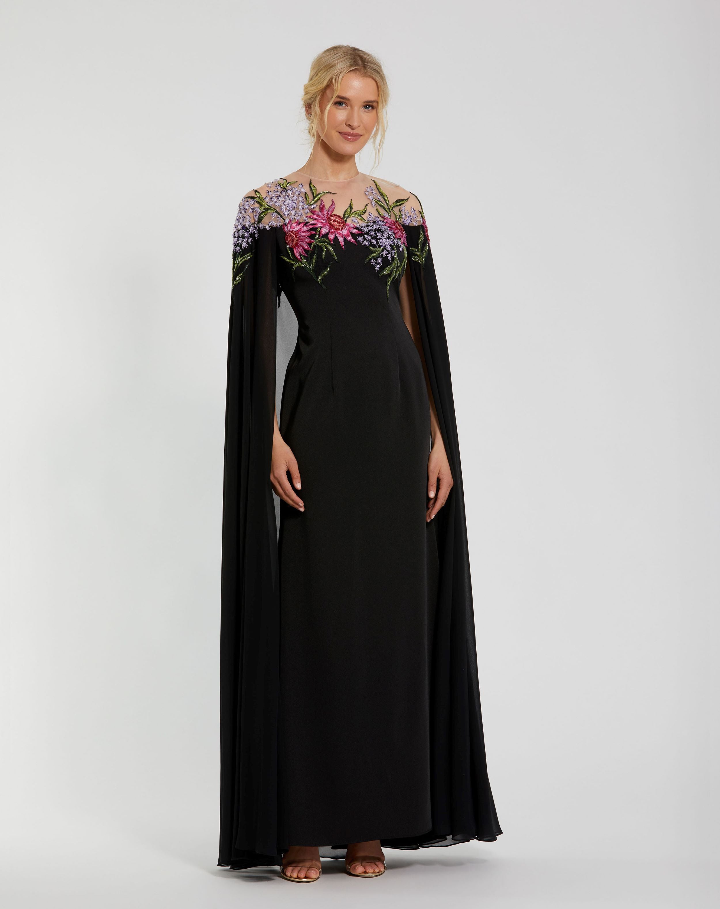 Black Sheer Cape Wedding Guest Maxi Gown with Beaded Embroidery