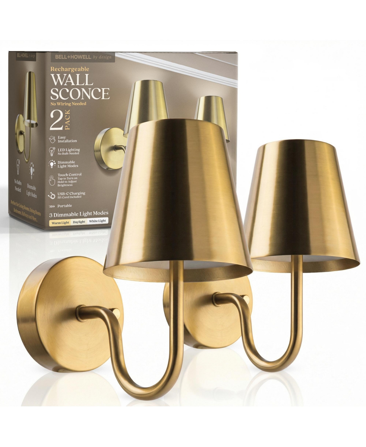 Set of 2 Modern Metal Shade Dimmable Led Rechargeable Cordless Touch Control Lights Wall Sconces - Gold