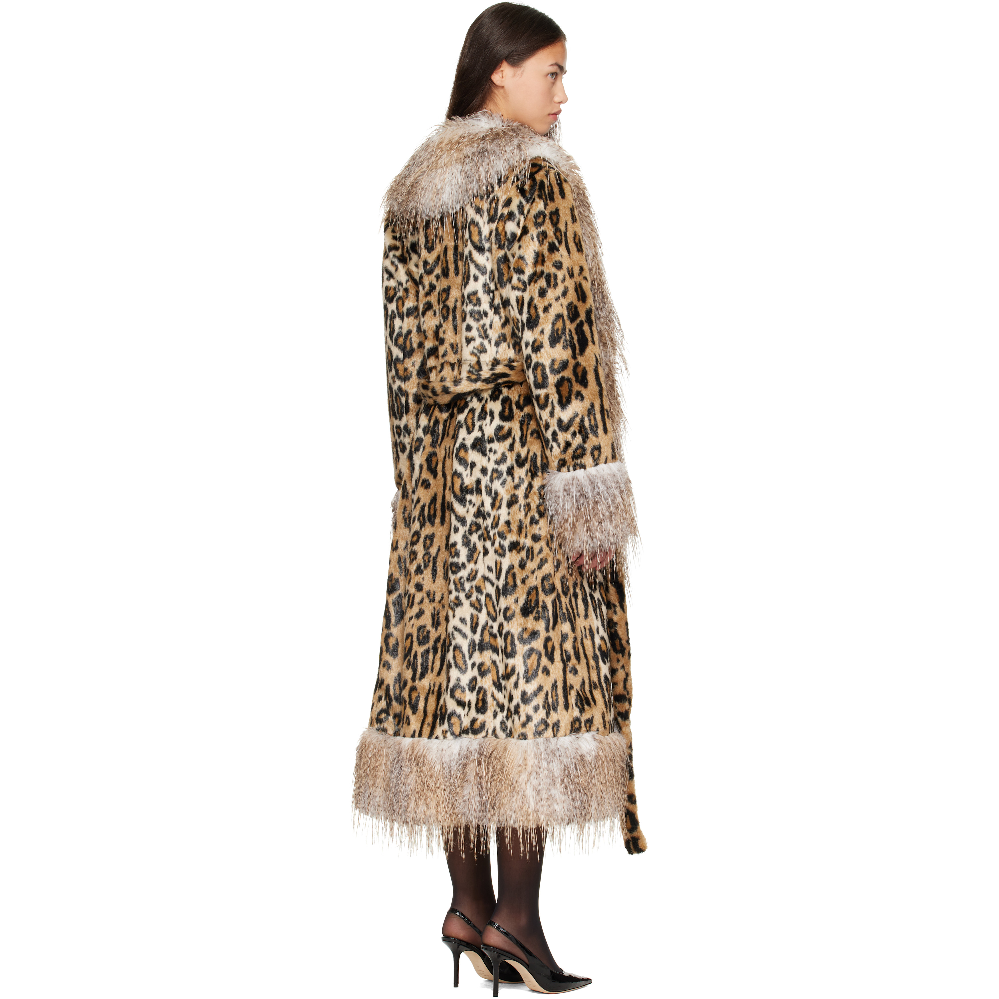 Beige & Brown Belted Faux-Fur Coat