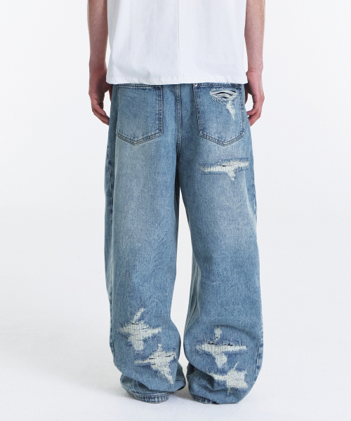 Square Patch Cut Wide Denim Pants
