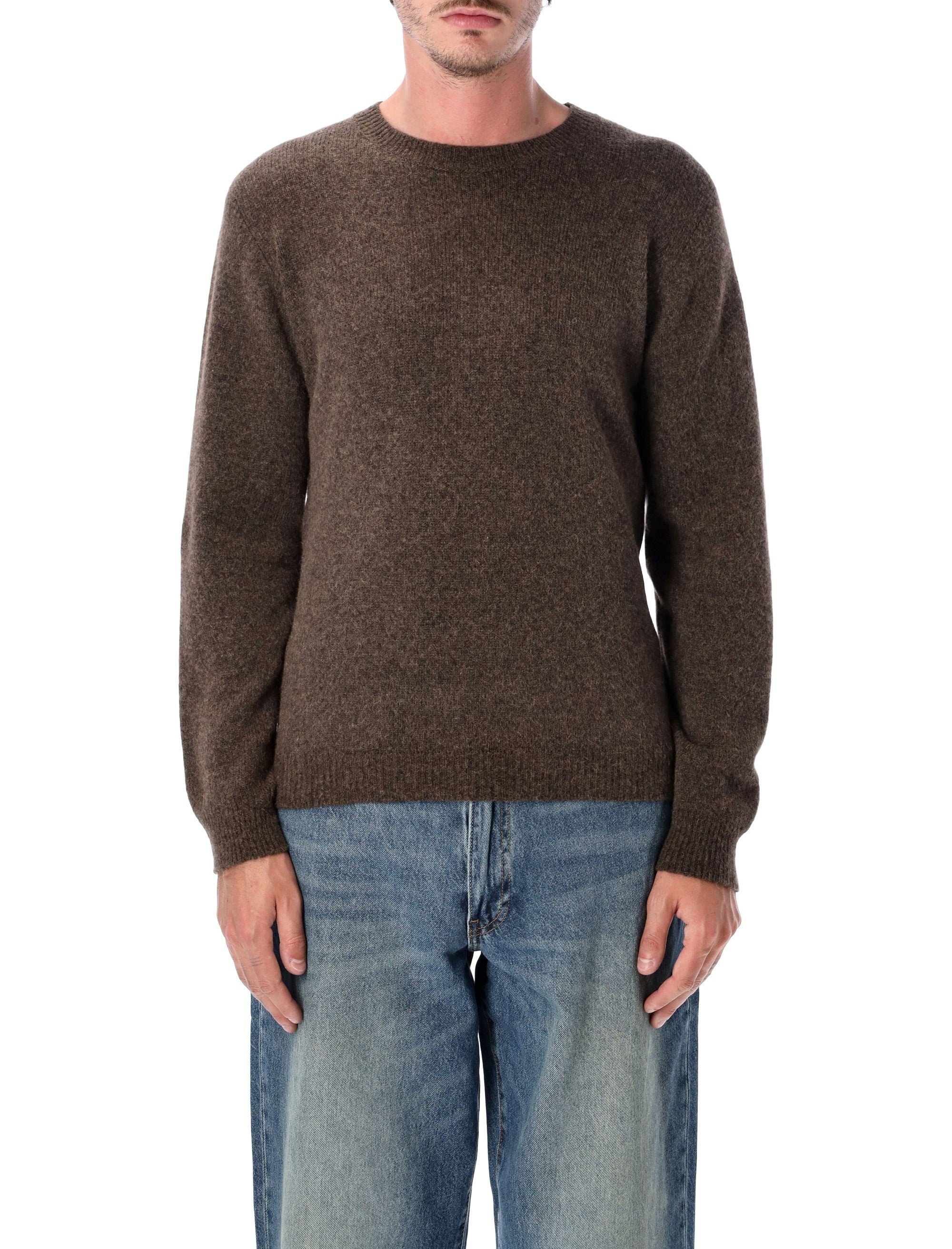 Camel Wool Blend Crewneck Sweater with Ribbed Trims