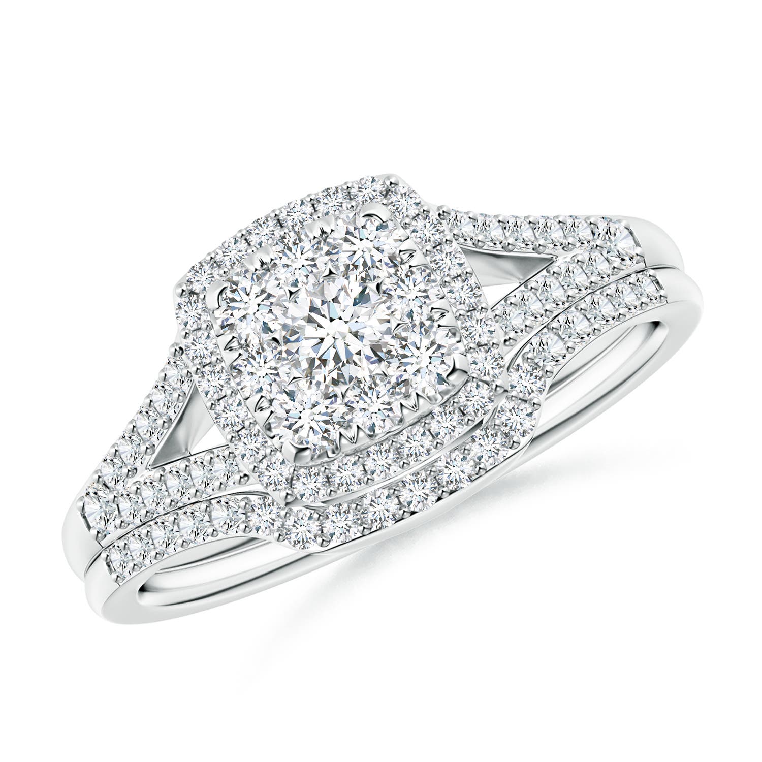 Angara 0.67 Carat Lab-Grown Cushion Composite Diamond Halo Split Shank Bridal Set in Platinum