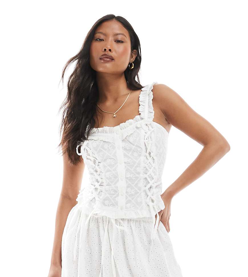 Miss Selfridge Petite cotton eyelet corset top in white