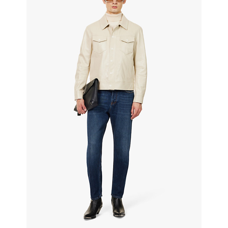 Mens Off White Spread-collar Regular-fit Leather Jacket