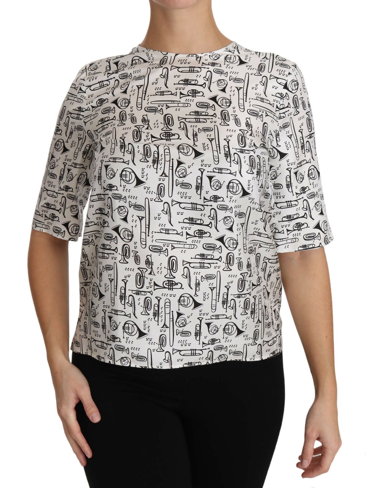 Musical Instruments Print Silk Blouse — White