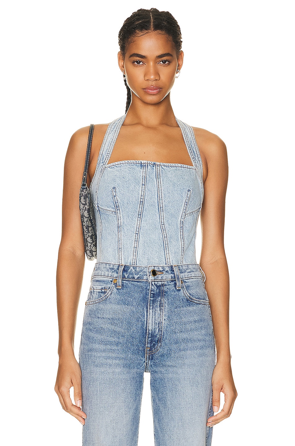 GRLFRND Tianna Halter Bustier in Denim-Light.  XS. Also in
