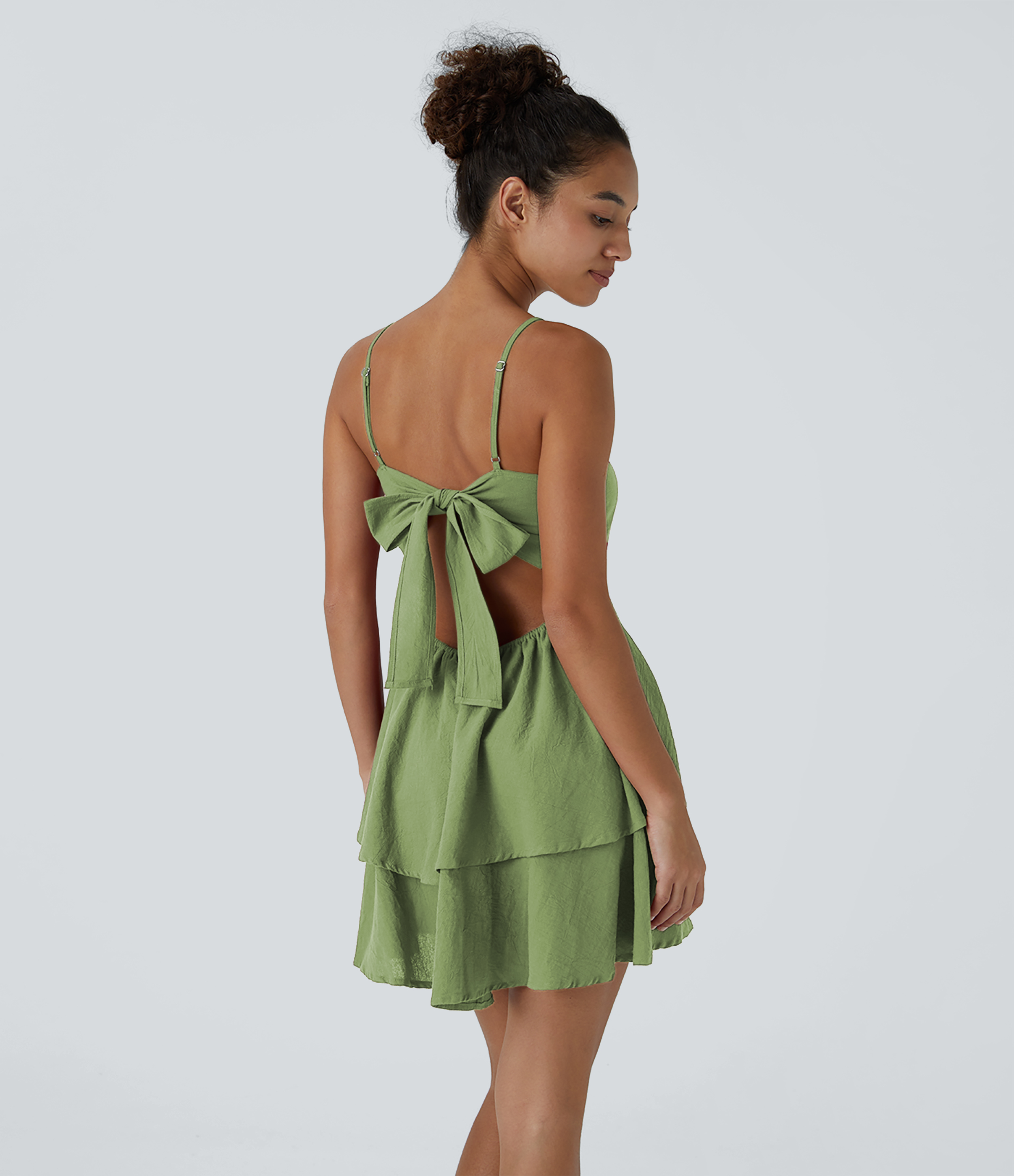 Tie Back Tiered Ruffle Flowy Slip Mini Casual Linen-Feel Dress Casual Dress - Forest Shade