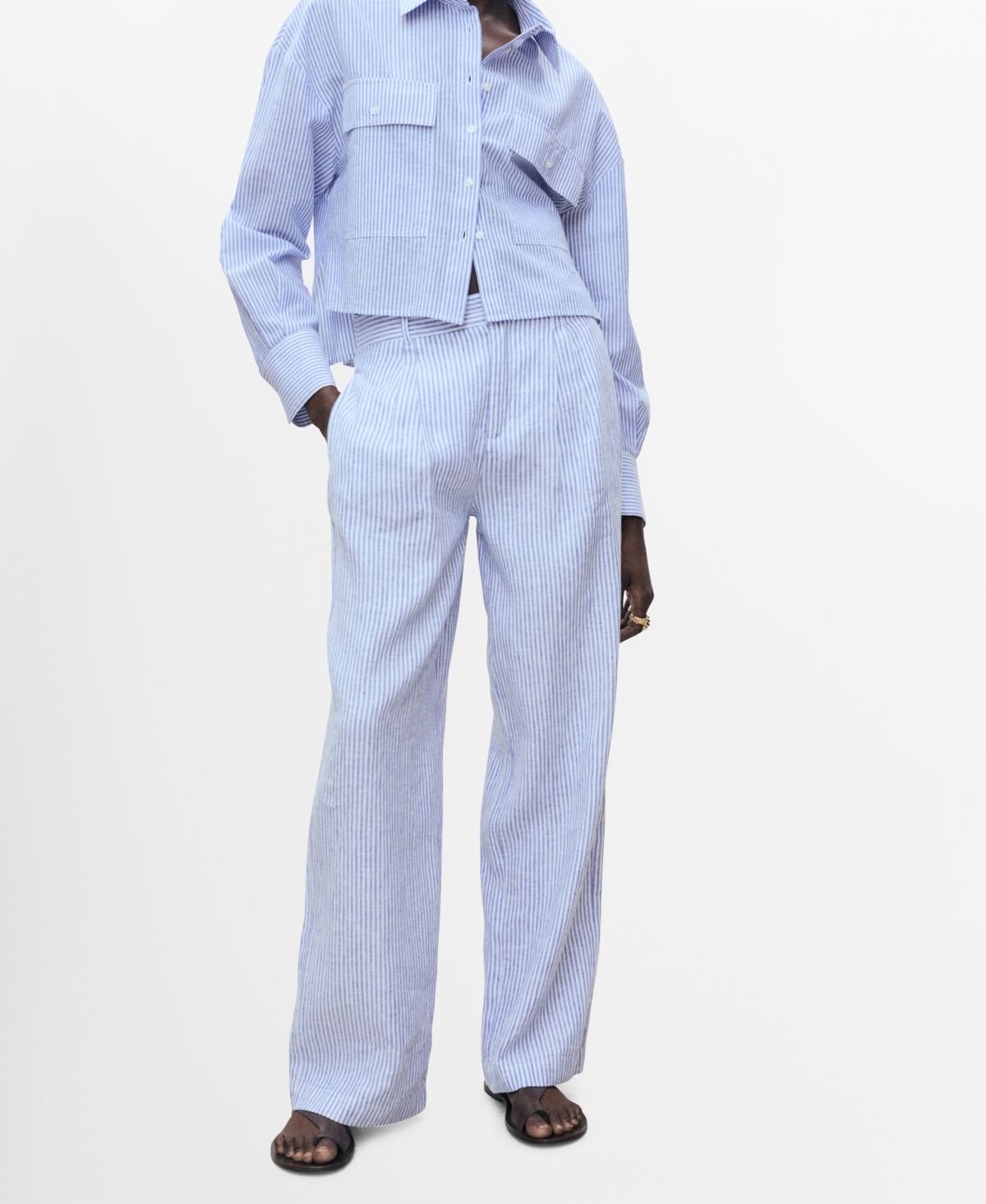 Women's Striped Linen-Blend Trousers Pants - Blue